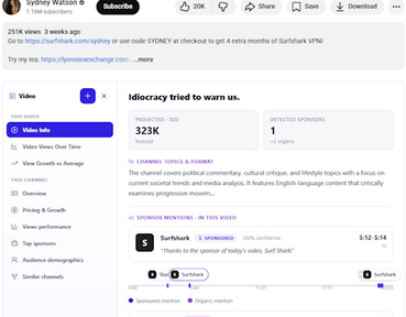 The ThoughtLeaders side panel open on a YouTube watch page, showing projected views, detected sponsors and sponsor mentions with timestamps.